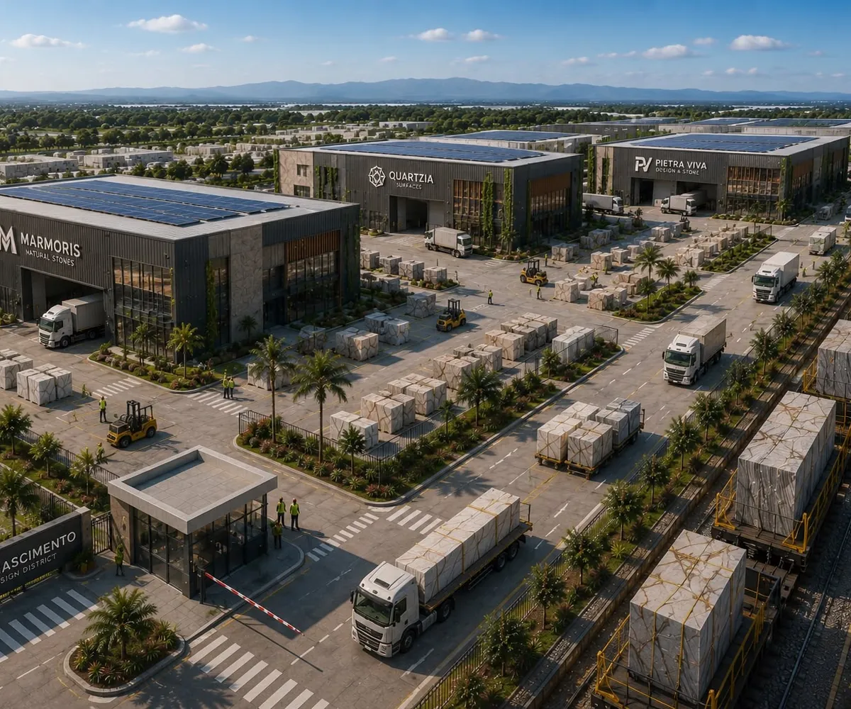 Render of the Rinascimento Design District: buildings, yards and logistics in Ceará